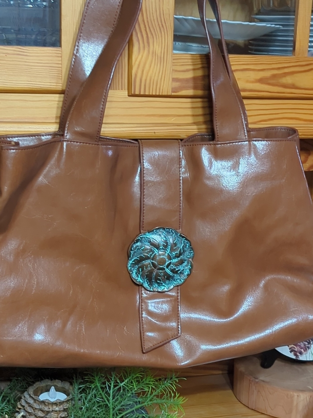Brown Women’s Shoulder Tote with Turquoise Decorative Accent